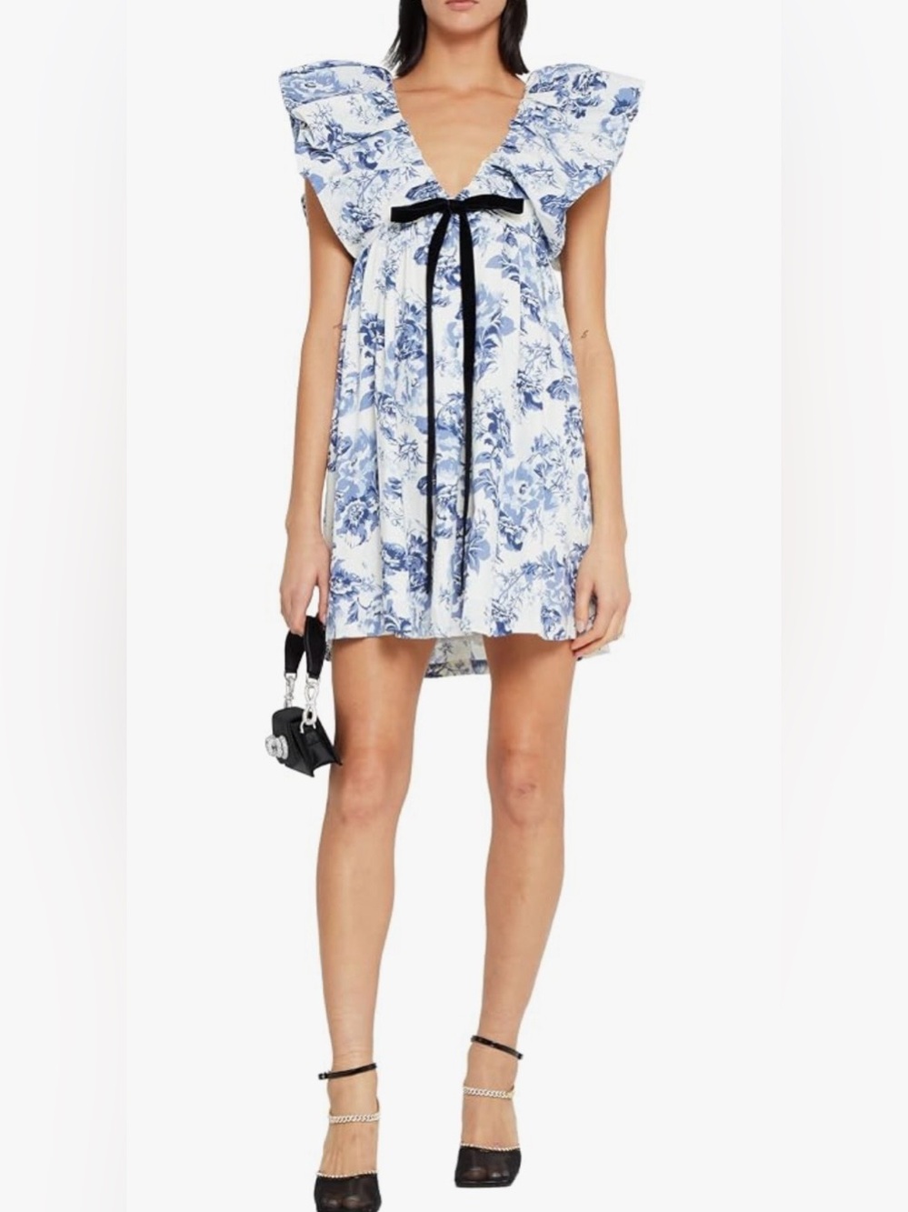 Blue Floral Ruffle V-Neck Mini Dress with Black Ribbon Tie